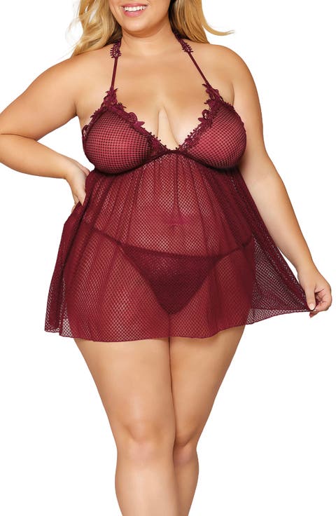 Lace Trim Mesh Babydoll Chemise & G-String Thong (Plus Size)