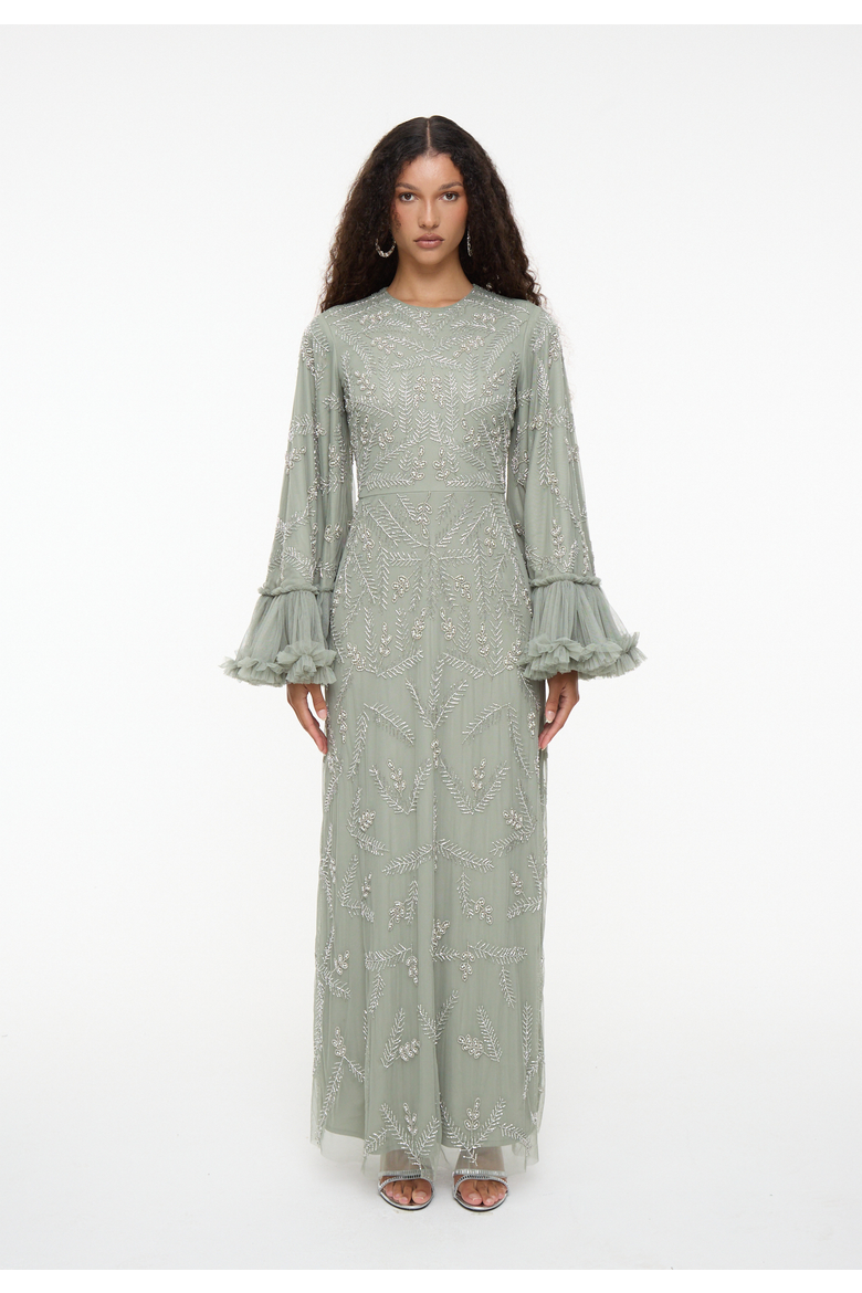 Modest Embellished Sequin Beaded Dress Maxi With Designer Sleeve, Main, color, SAGE GREEN
