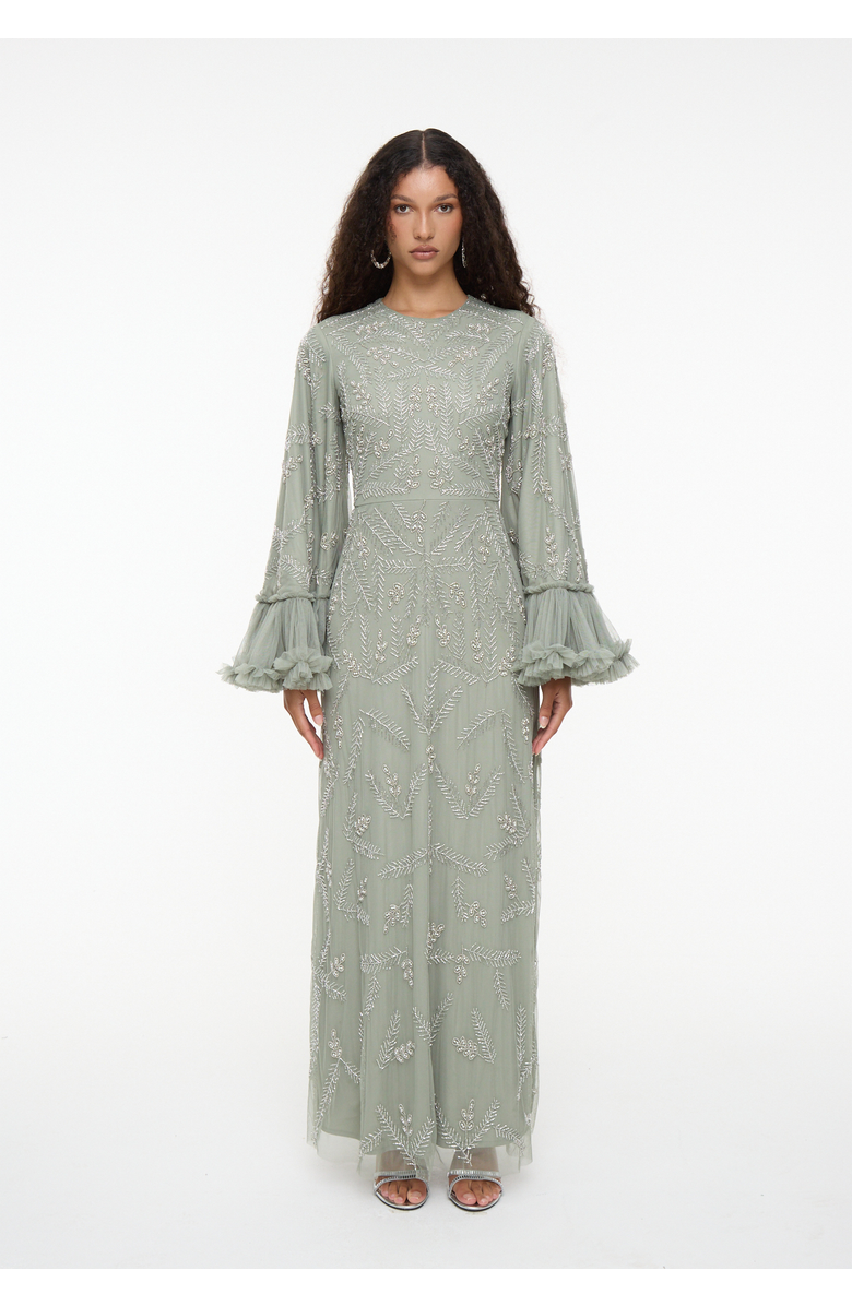 MARYISA Modest Embellished Sequin Beaded Dress Maxi With Designer Sleeve, Main, color, Sage Green