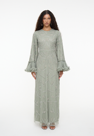MARYISA Modest Embellished Sequin Beaded Dress Maxi With Designer Sleeve