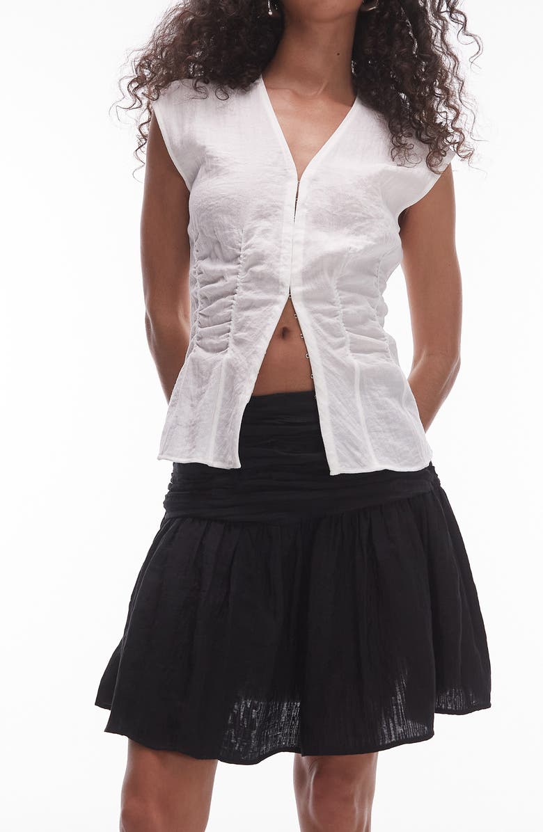 Topshop Ruched Drop Waist Cotton Miniskirt, Alternate, color, Black