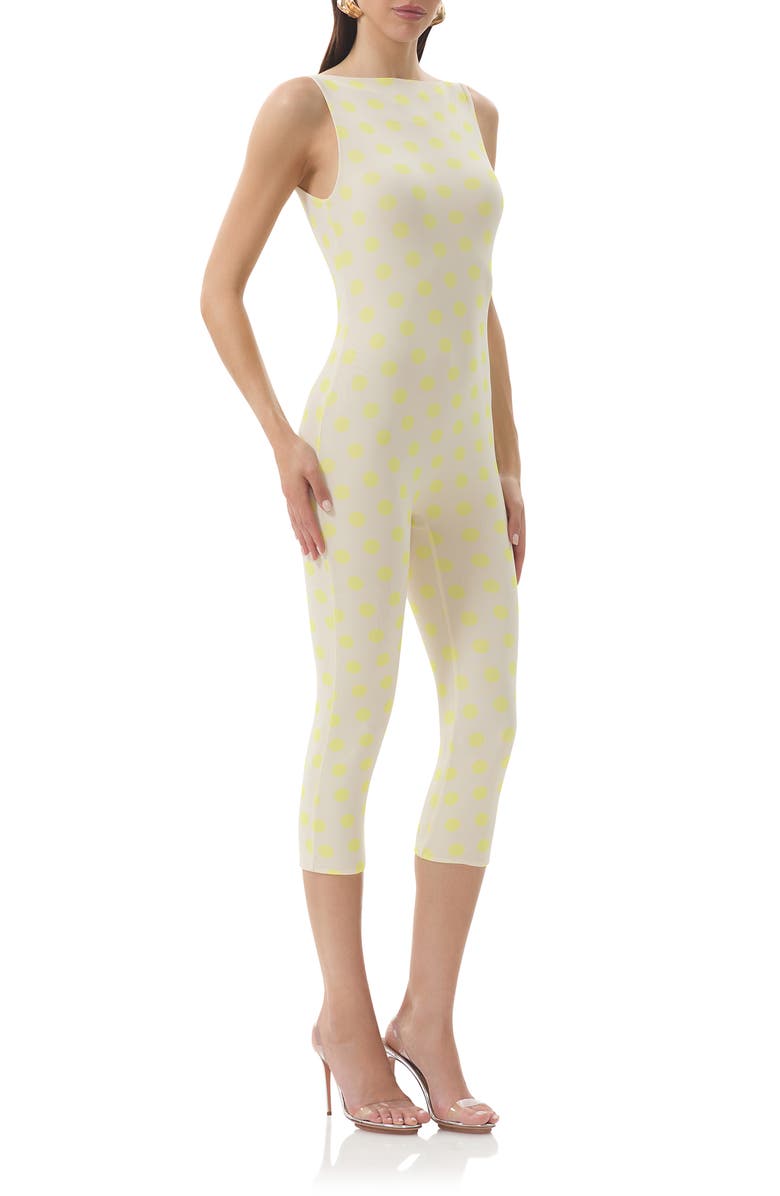 AFRM Tahlia Yellow Polka Dot Mesh Capri Romper, Alternate, color, Sun Dot