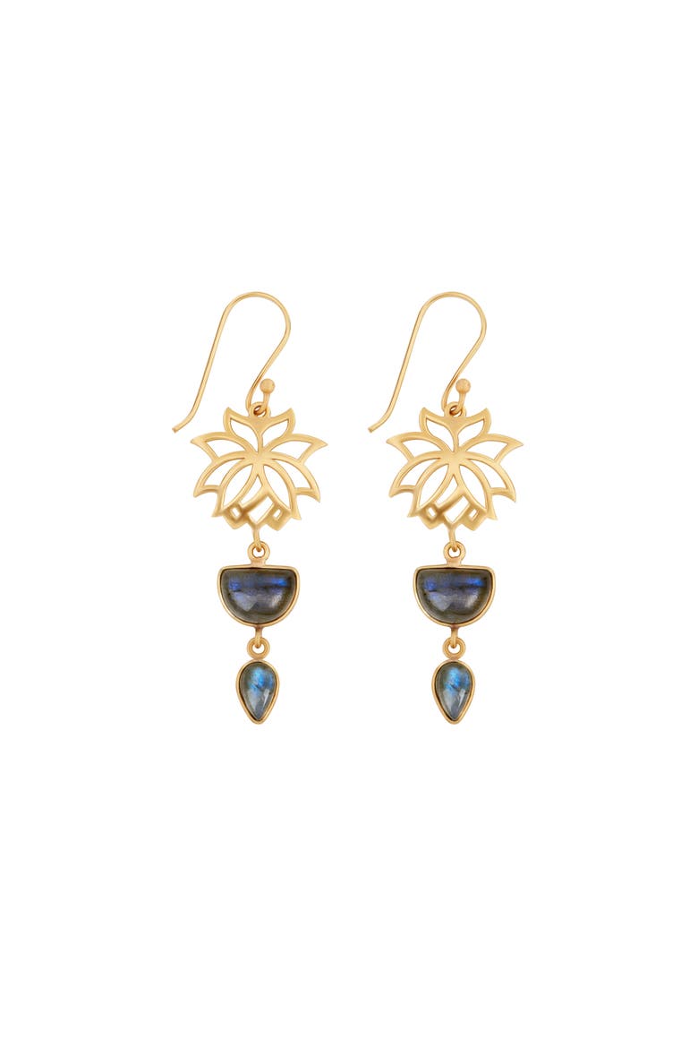 Gold Plated Lotus Charm Labradorite Women's Earrings - Subtle Movement, Main, color, Gold/grey