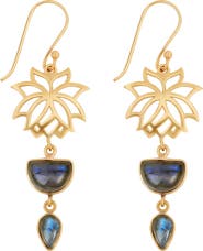 Karma and Luck Gold Plated Lotus Charm Labradorite Women's Earrings - Subtle Movement