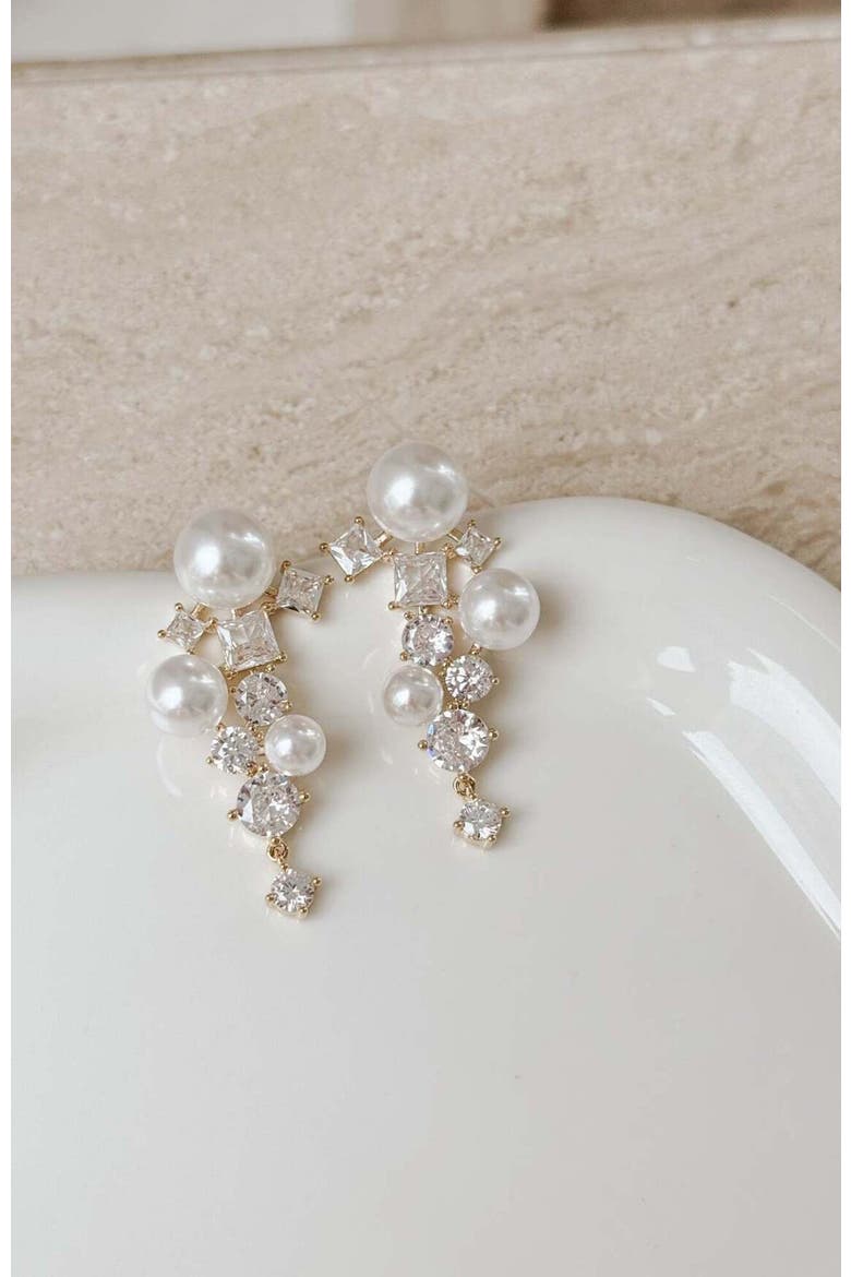 Alexandra Pearl and Crystal Drop Earrings, Alternate, color, Gold