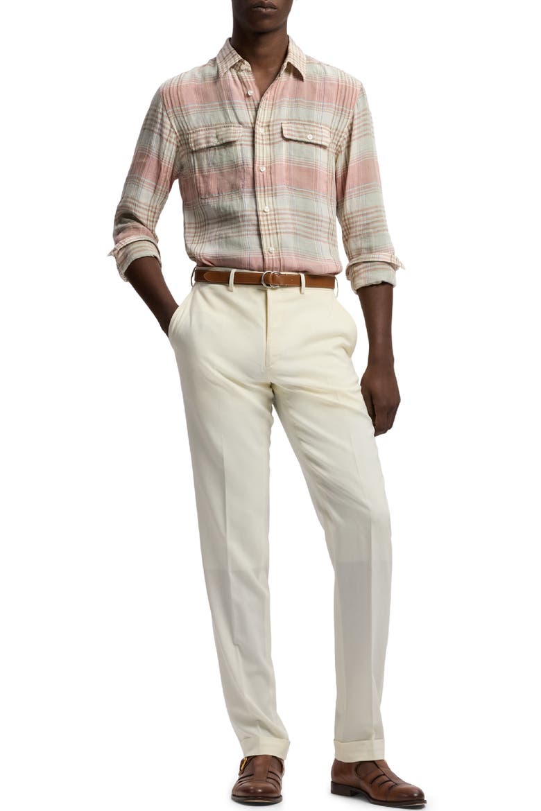 Plaid Linen Button-Up Shirt, Alternate, color, RASPBERRY