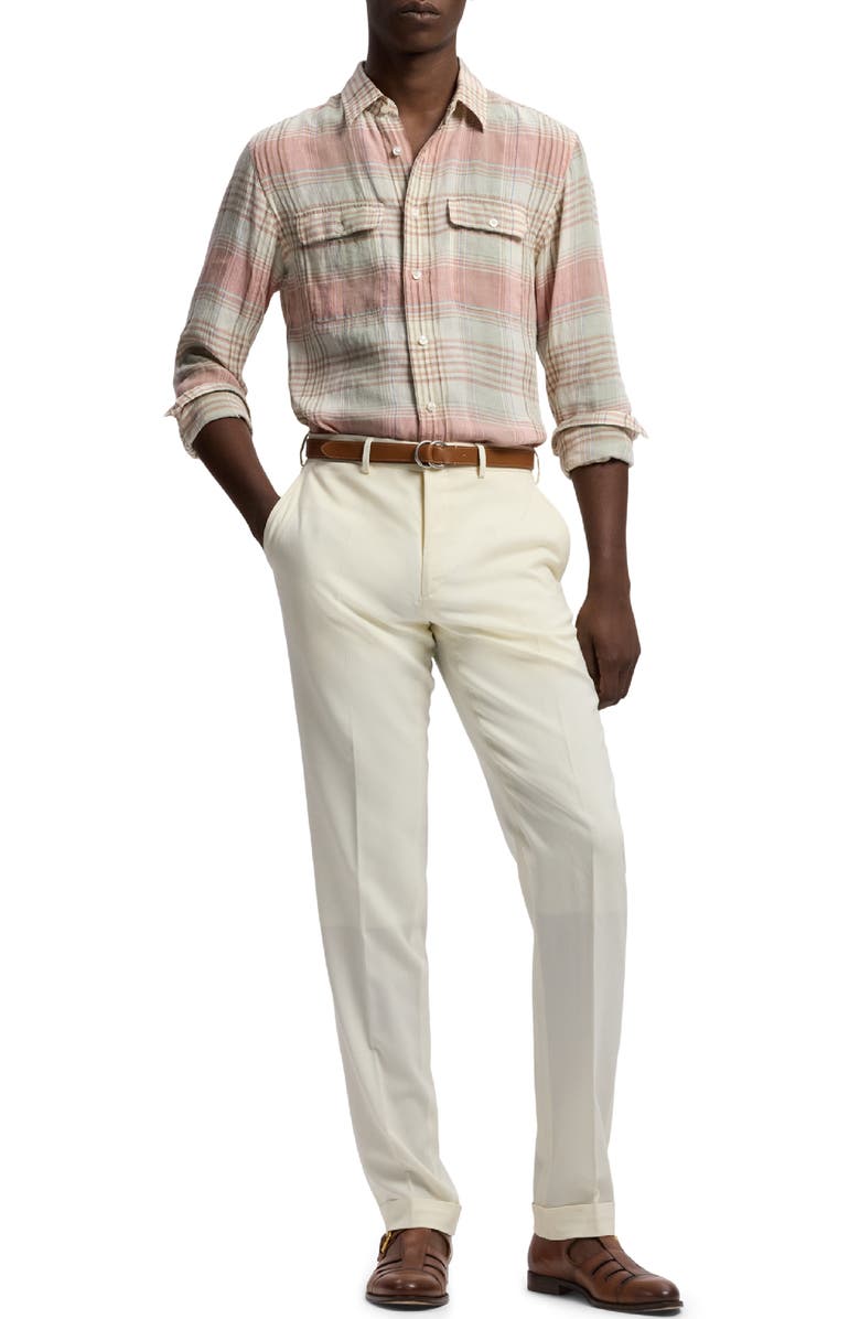 Ralph Lauren Purple Label Plaid Linen Button-Up Shirt, Alternate, color, Raspberry