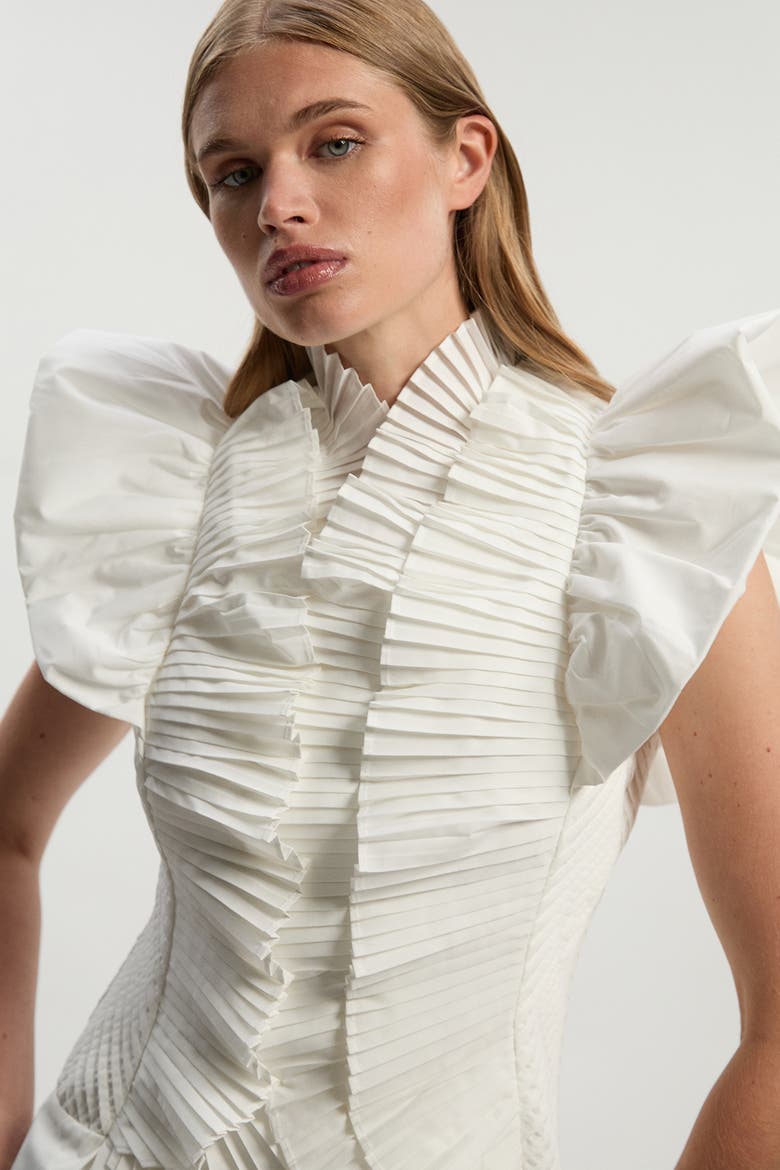 Pleated Ruffle Sleeve Woven Midi Dress, Alternate, color, Ivory