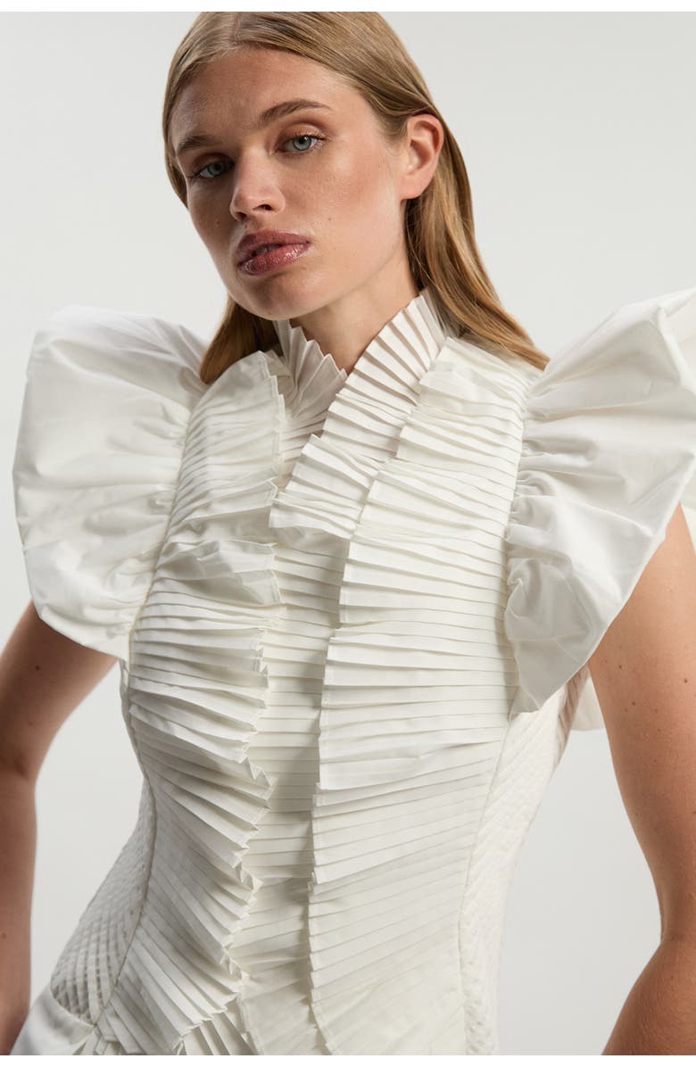 Karen Millen Pleated Ruffle Sleeve Woven Midi Dress, Alternate, color, Ivory