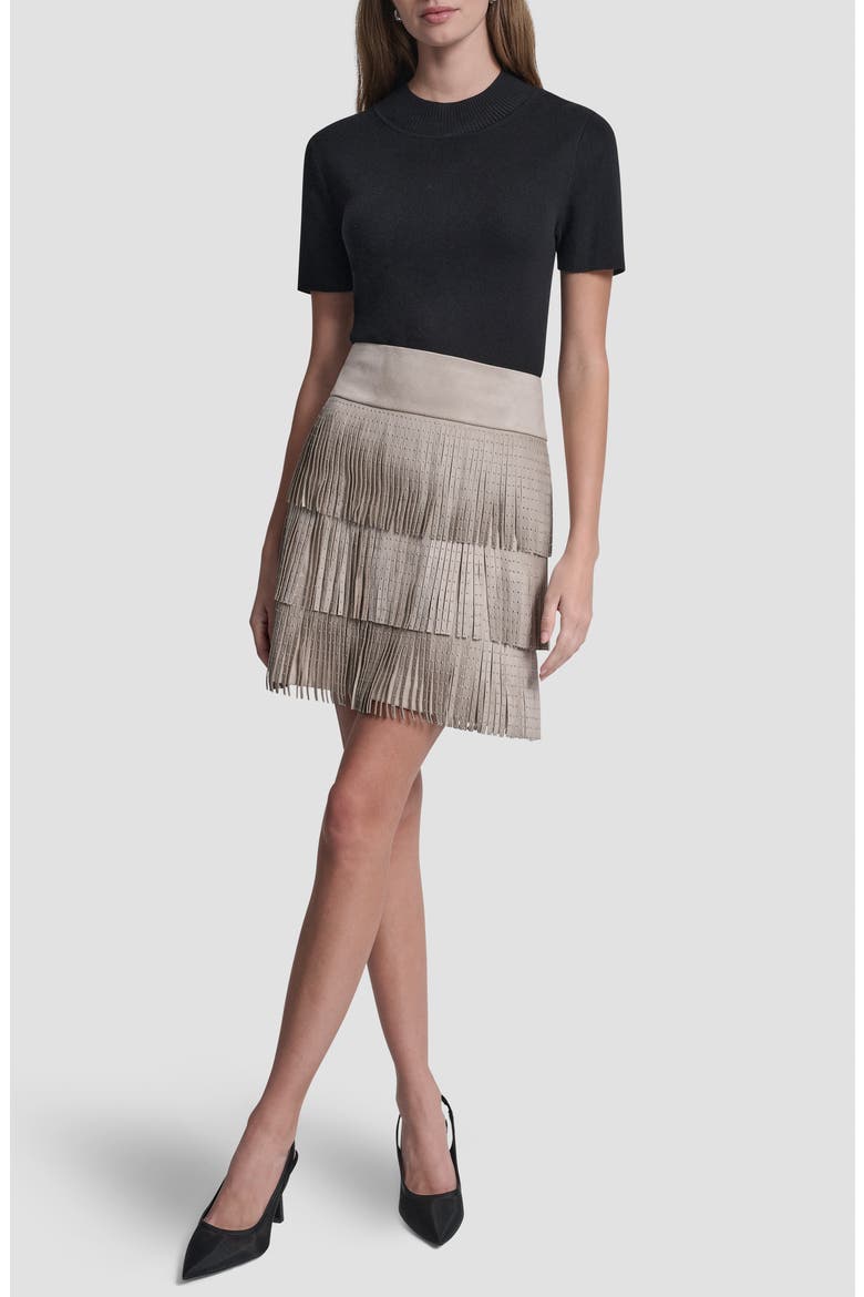 Studded Fringe Faux Suede Miniskirt, Alternate, color, PEBBLE