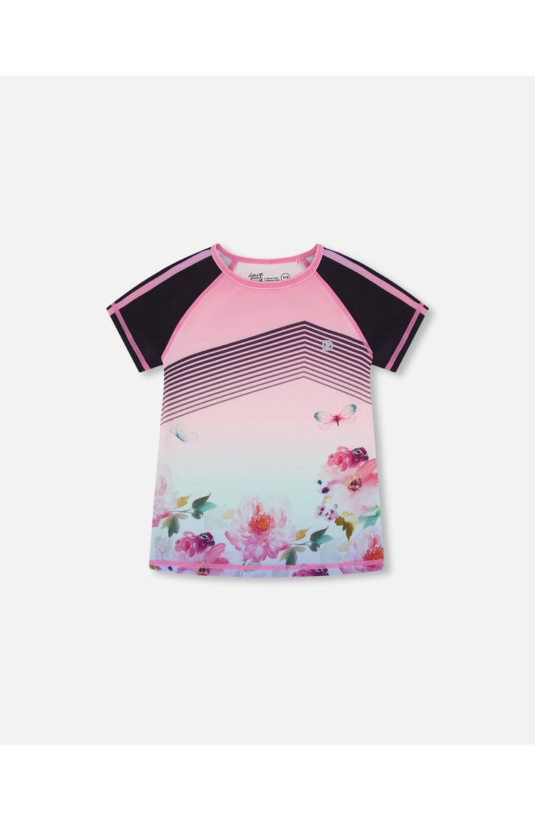 Deux par Deux Girl's Short Sleeve Athletic Top Gradient Pink Printed Big Flowers, Main, color, 