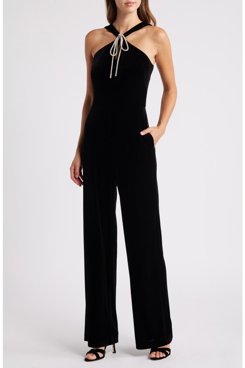 Rhinestone Tie Neck Wide Leg Velvet Jumpsuit, Main, color, BLACK