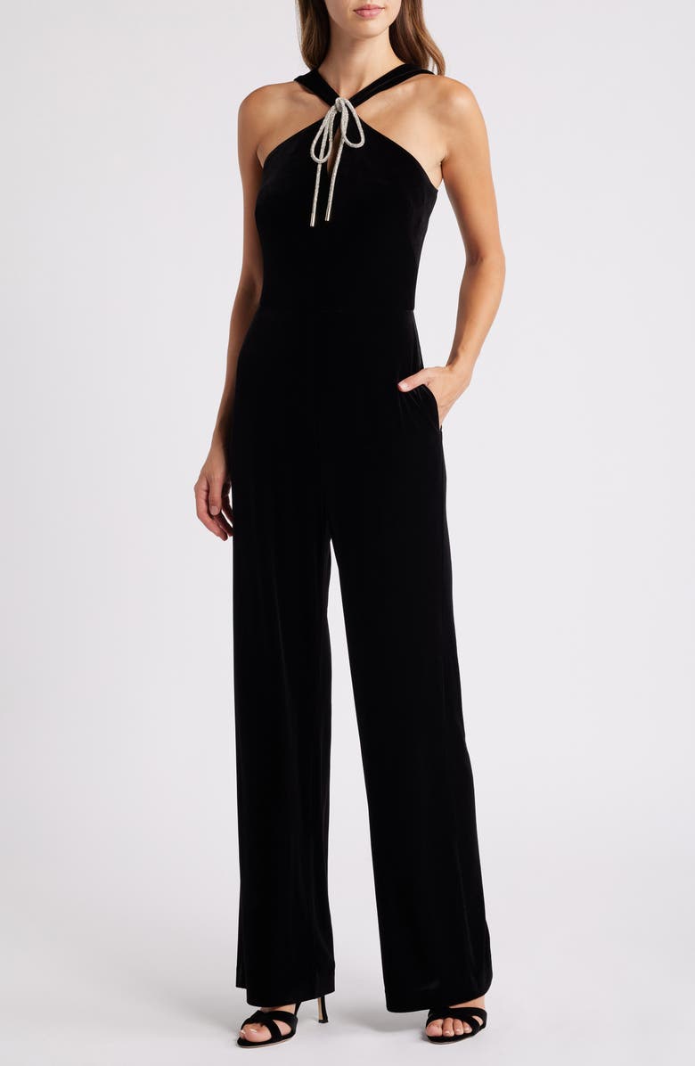 Eliza J Rhinestone Tie Neck Wide Leg Velvet Jumpsuit, Main, color, Black