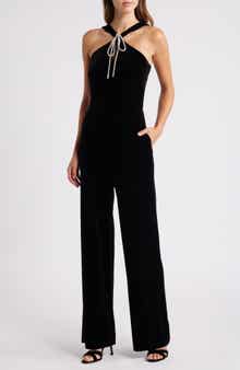 Eliza J Rhinestone Tie Neck Wide Leg Velvet Jumpsuit