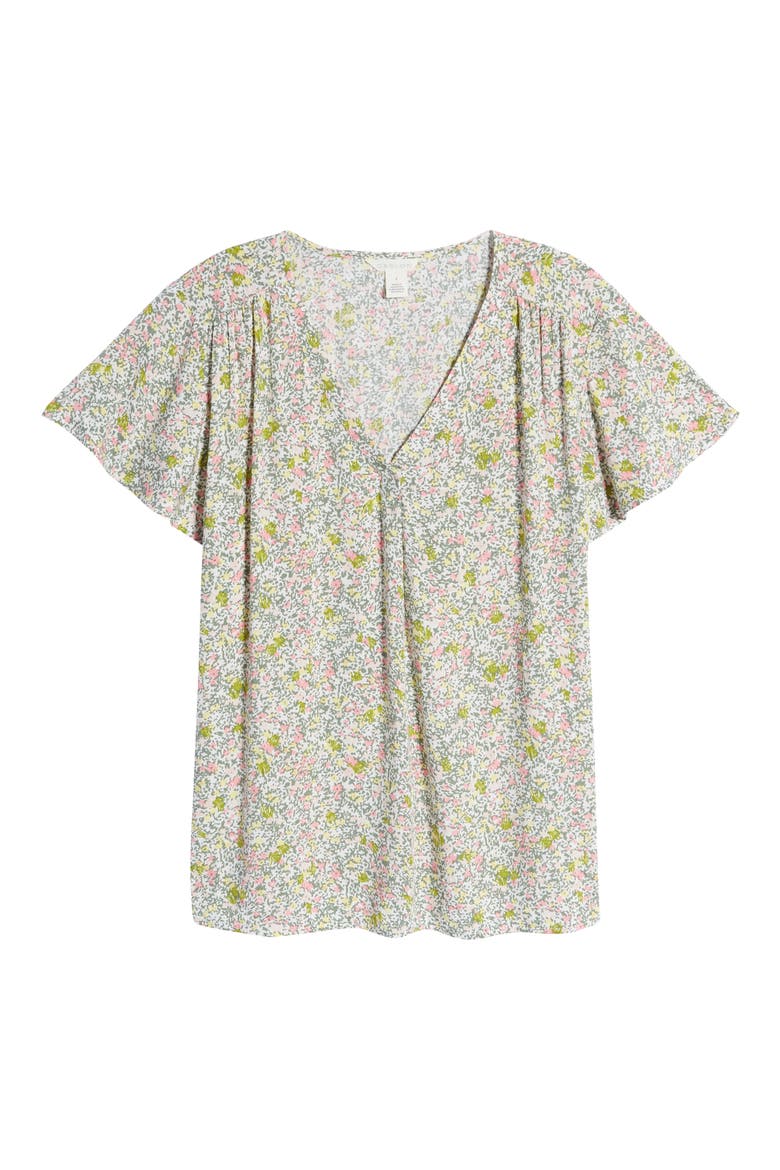 Dobby Flutter Sleeve Top, Alternate, color, IVORY PINK GREEN CAMO DITSY