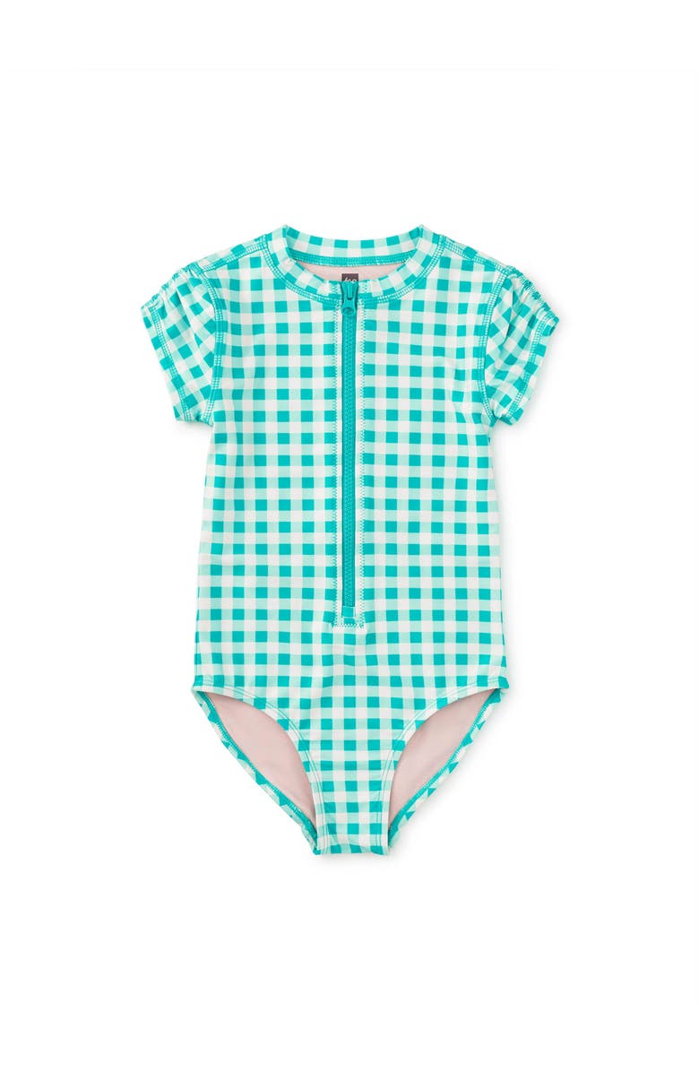 Tea Collection Rash Guard One-Piece Swimsuit, Main, color, Garden Party Check