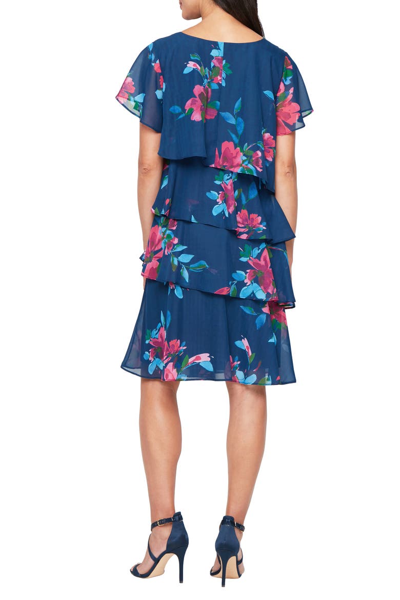 Floral Short Sleeve Chiffon Tiered Dress, Alternate, color, NAVY MULTI