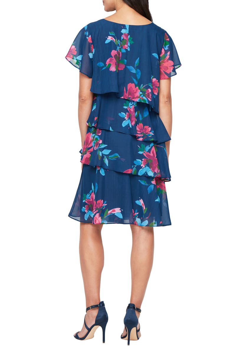 SL FASHIONS Floral Short Sleeve Chiffon Tiered Dress, Alternate, color, Navy Multi