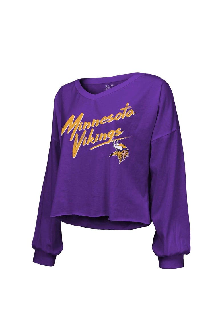 Women's Majestic Threads Justin Jefferson Purple Minnesota Vikings Name & Number Off-Shoulder Script Cropped Long Sleeve V-Neck T-Shirt, Alternate, color, Purple