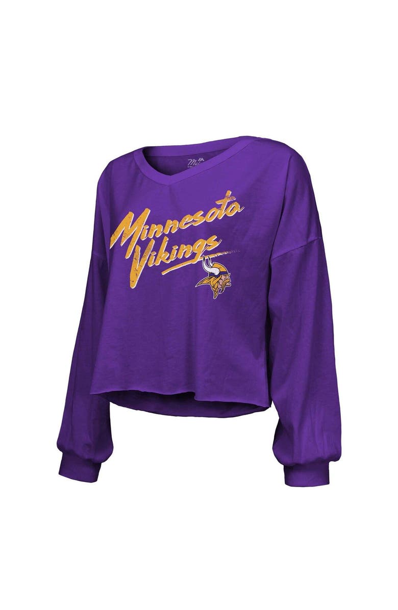 Majestic Threads Women's Majestic Threads Justin Jefferson Purple Minnesota Vikings Name & Number Off-Shoulder Script Cropped Long Sleeve V-Neck T-Shirt, Alternate, color, Purple
