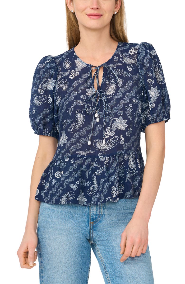 CeCe Paisley Puff Sleeve Peplum Top, Main, color, Blueprint