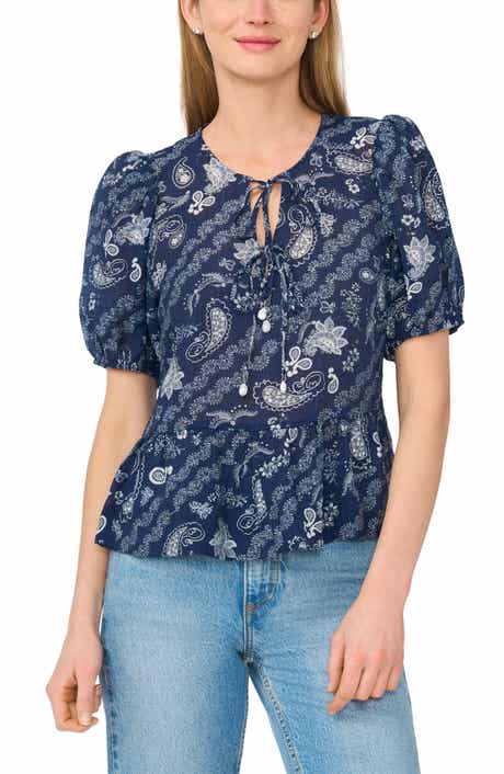 CeCe Paisley Puff Sleeve Peplum Top