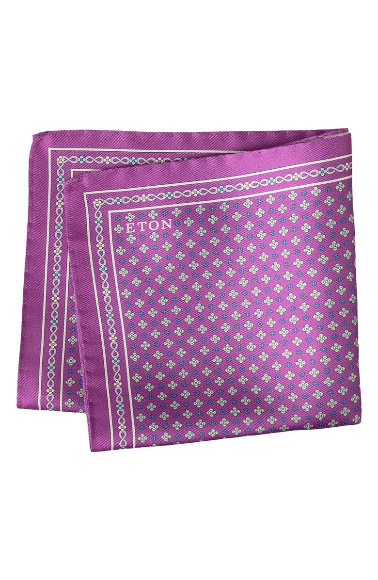 Eton Mid Purple Floral Medallion Silk Twill Pocket Square, Main, color, Medium Purple