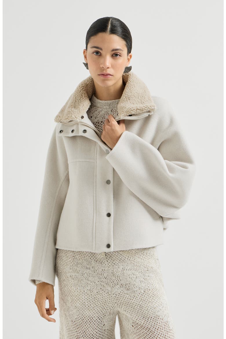 Hand-crafted outerwear jacket in virgin wool and cashmere double cloth with detachable shearling insert, Main, color, Ivory