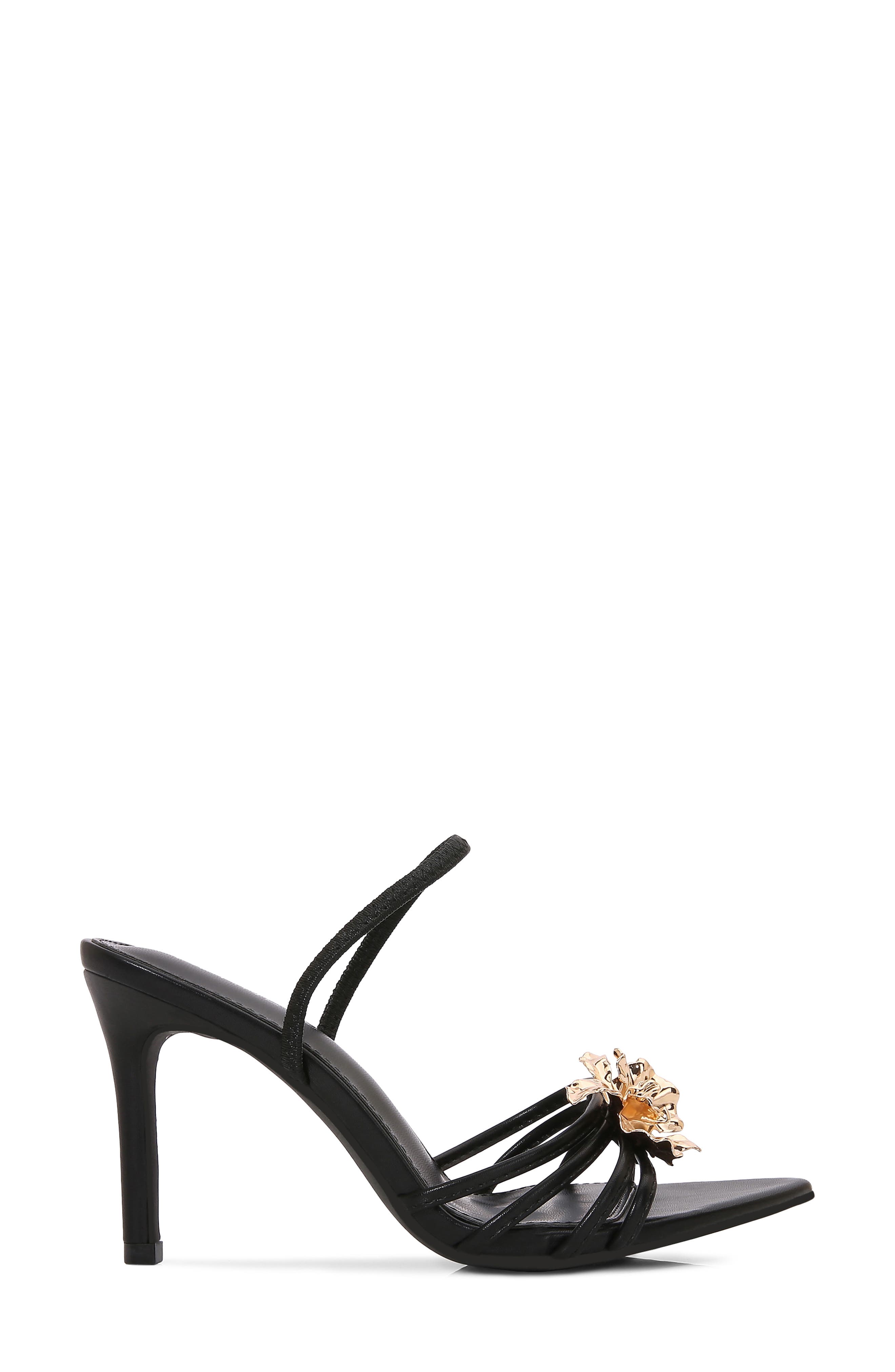 Julia Flower Embellished Faux Leather Sandal, Alternate, color, BLACK