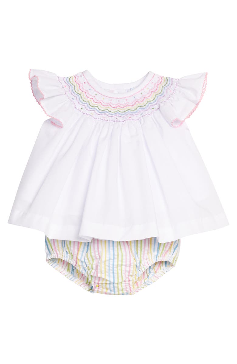 Little English Woven Smocked Bishop Diaper Set, Main, color, White With Rainbow
