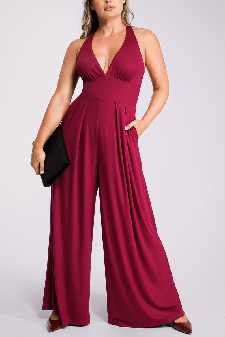 Plunge Shaping Wide Leg Jumpsuit, Alternate, color, Carmine