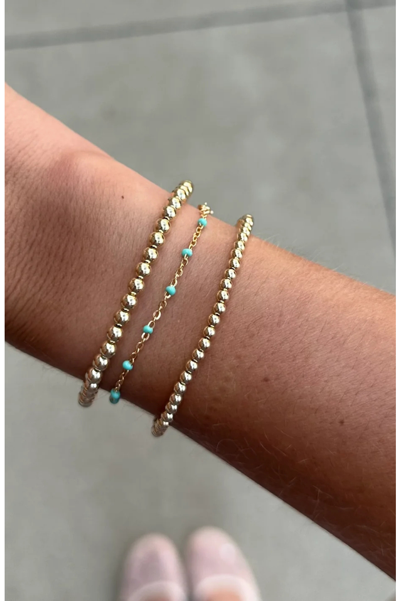 Bead and Turquoise Enamel Chain 14k Gold Filled Bracelet Three Stack, Alternate, color, Gold