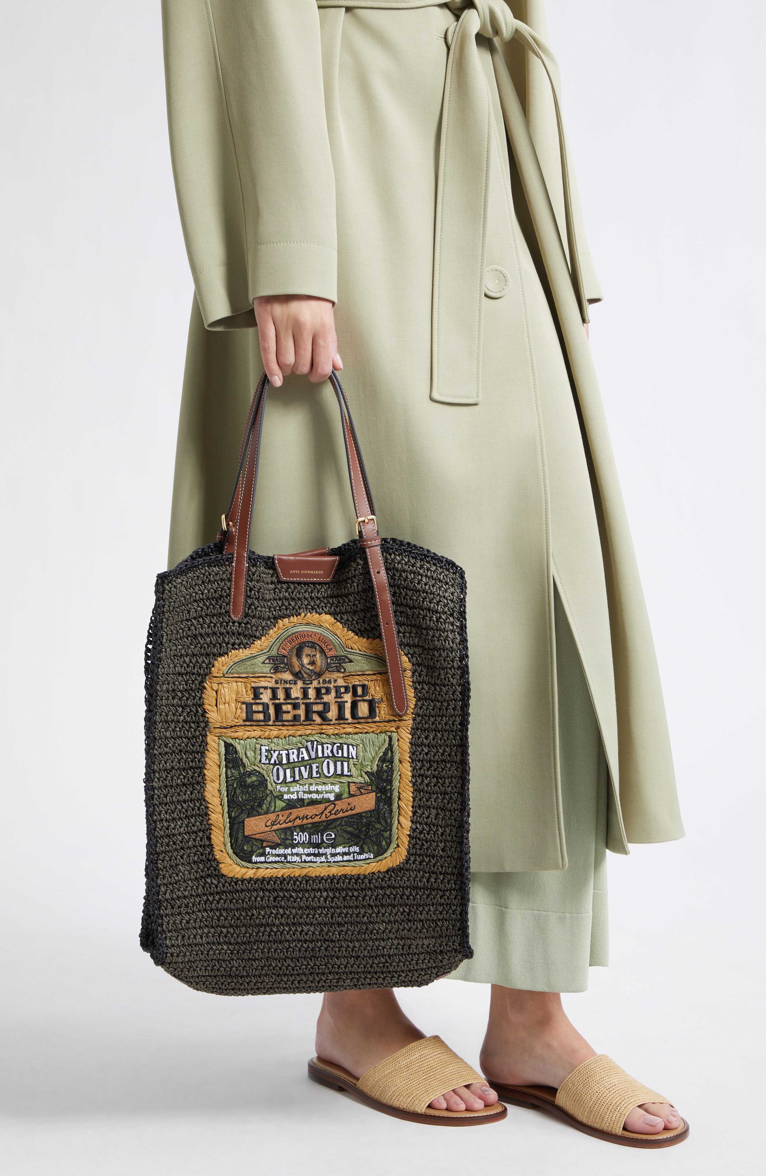 Anya Hindmarch Olive Oil Woven Raffia North/South Tote, Alternate, color, Khaki