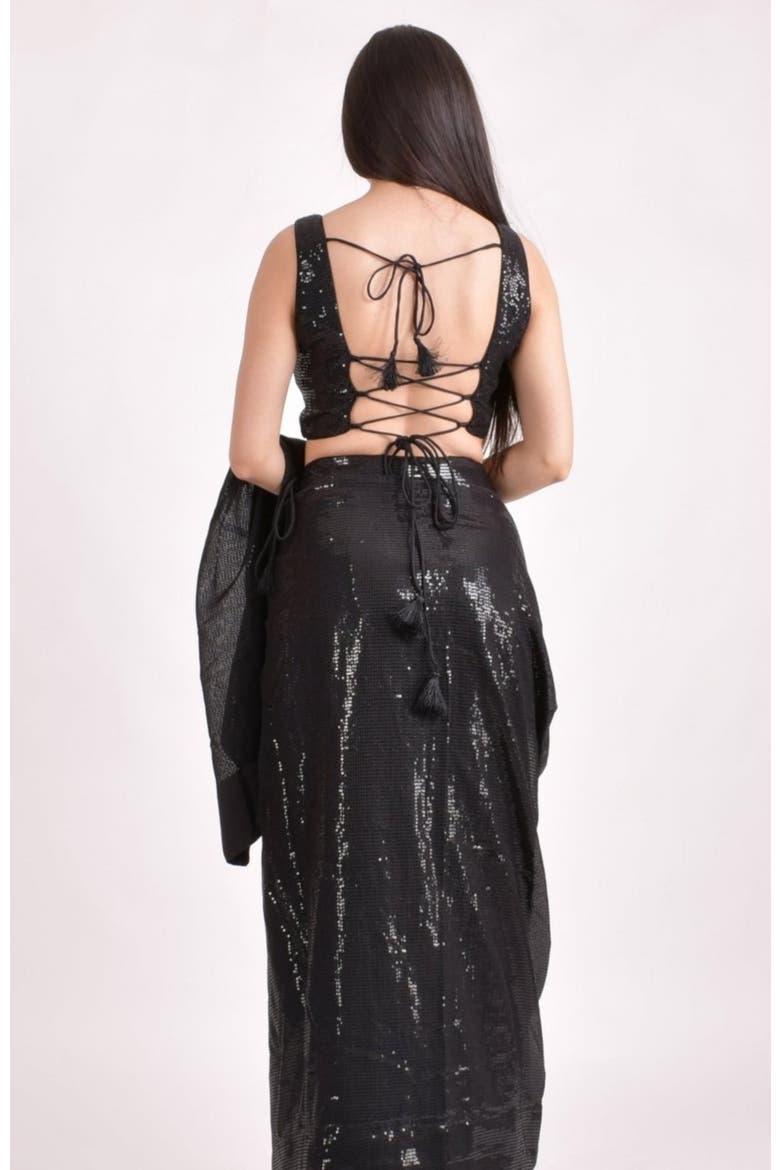 Sequins Pre-Draped Saree, Alternate, color, Black