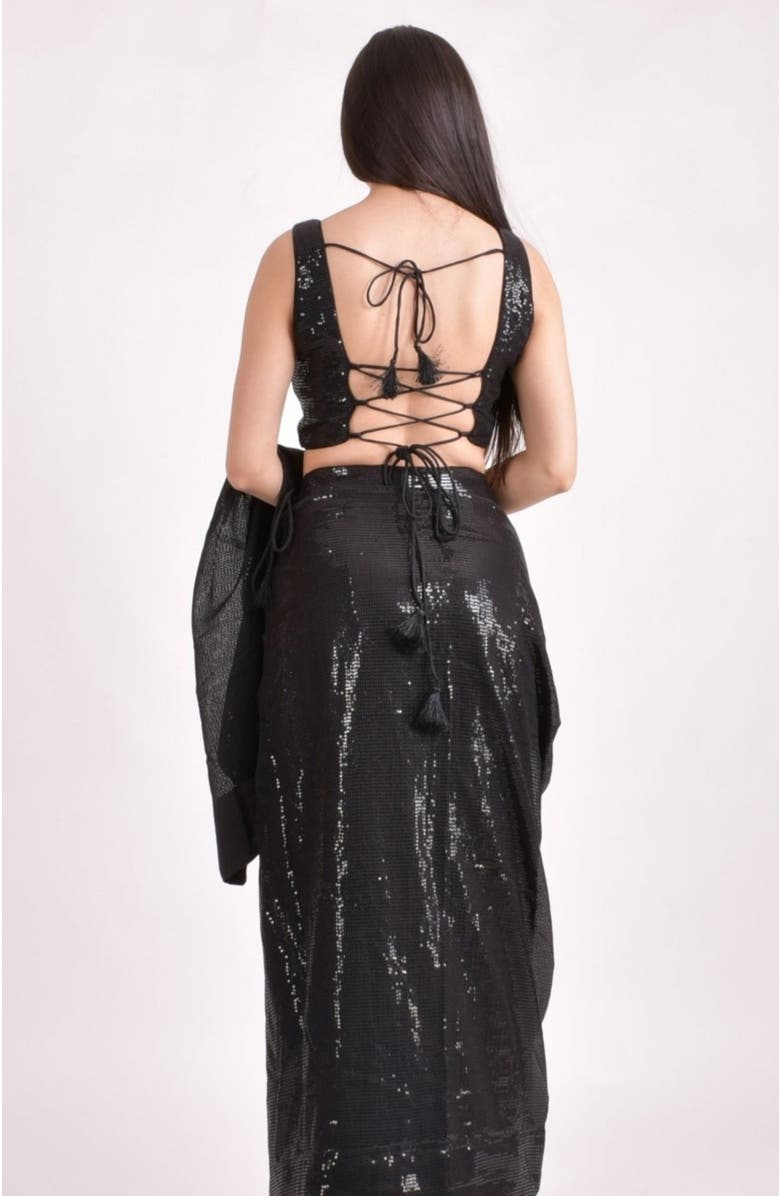 RAAS Sequins Pre-Draped Saree, Alternate, color, Black