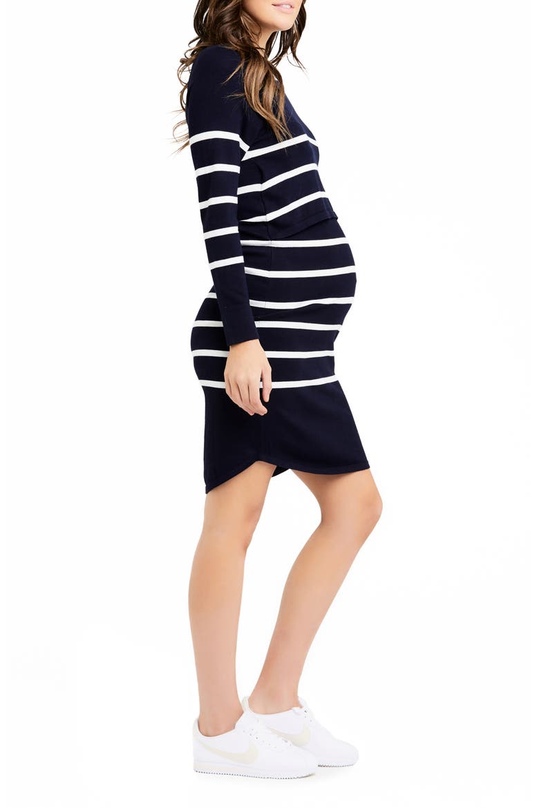 Valerie Stripe Long Sleeve Tunic Maternity Sweater Dress, Alternate, color, NAVY