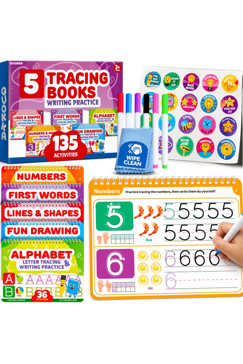 Kids Tracing Activity Books Set with Dry-Erase Pages and Markers, Main, color, Wbtracingset