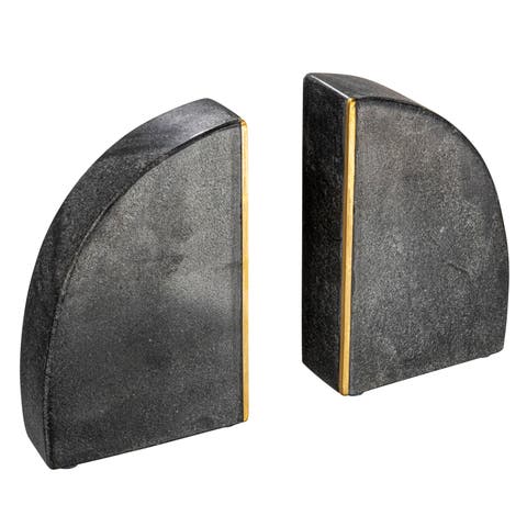 Boho Arched Semicircle Marble Bookends with Brass Detail, Set of 2, Black