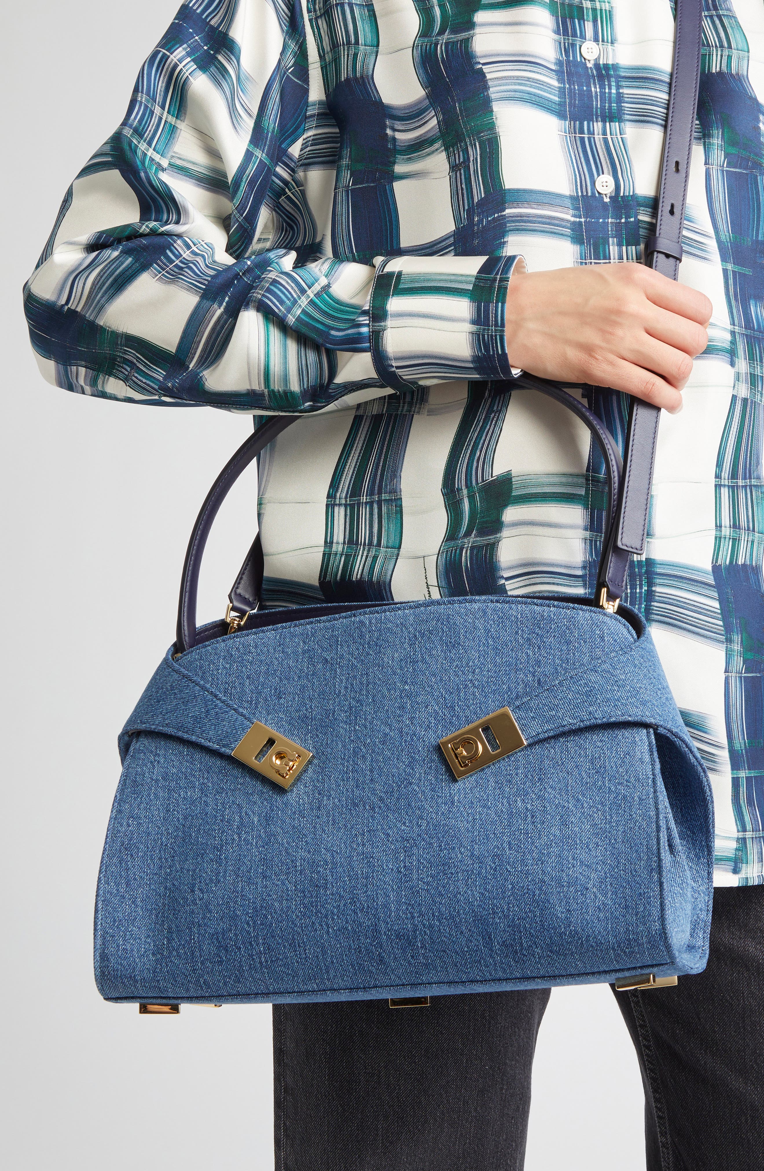 FERRAGAMO Small Hug Denim Shoulder Bag, Alternate, color, Denim/ Midnight