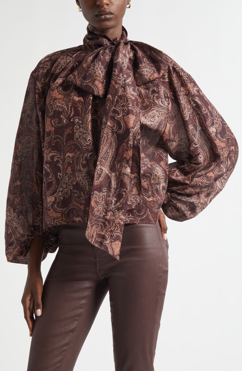 L'AGENCE Rhett Oversize Linen & Silk Top, Alternate, color, Brown Etched Paisley