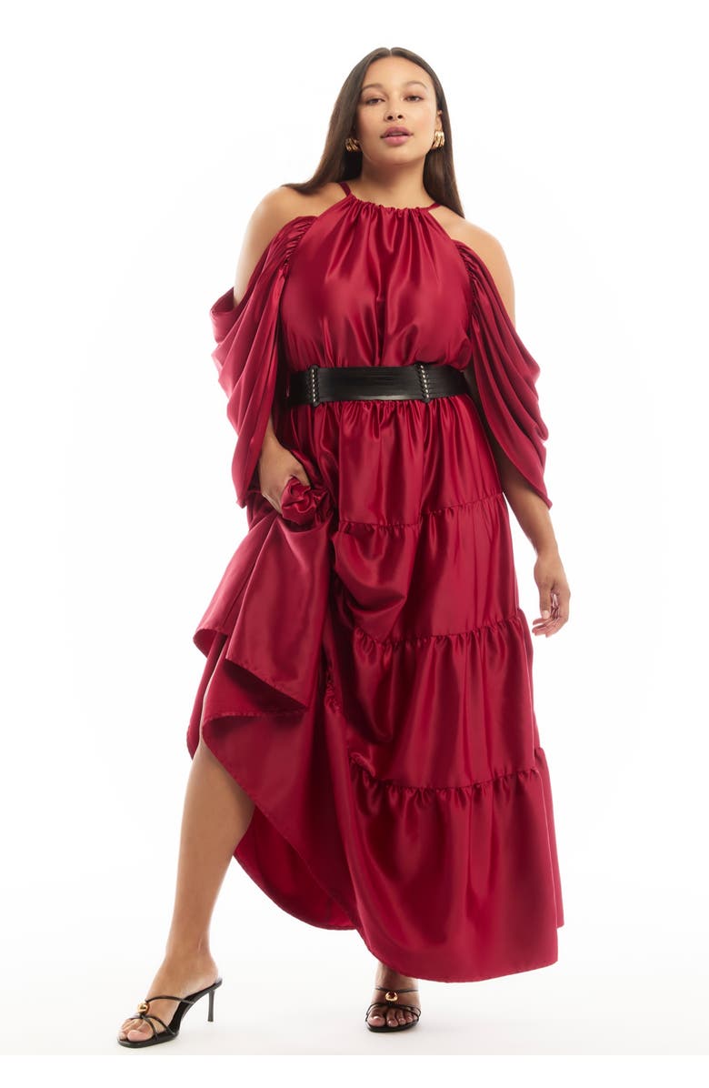 June + Vie Off-The-Shoulder Halter Maxi Dress, Main, color, Bold Red