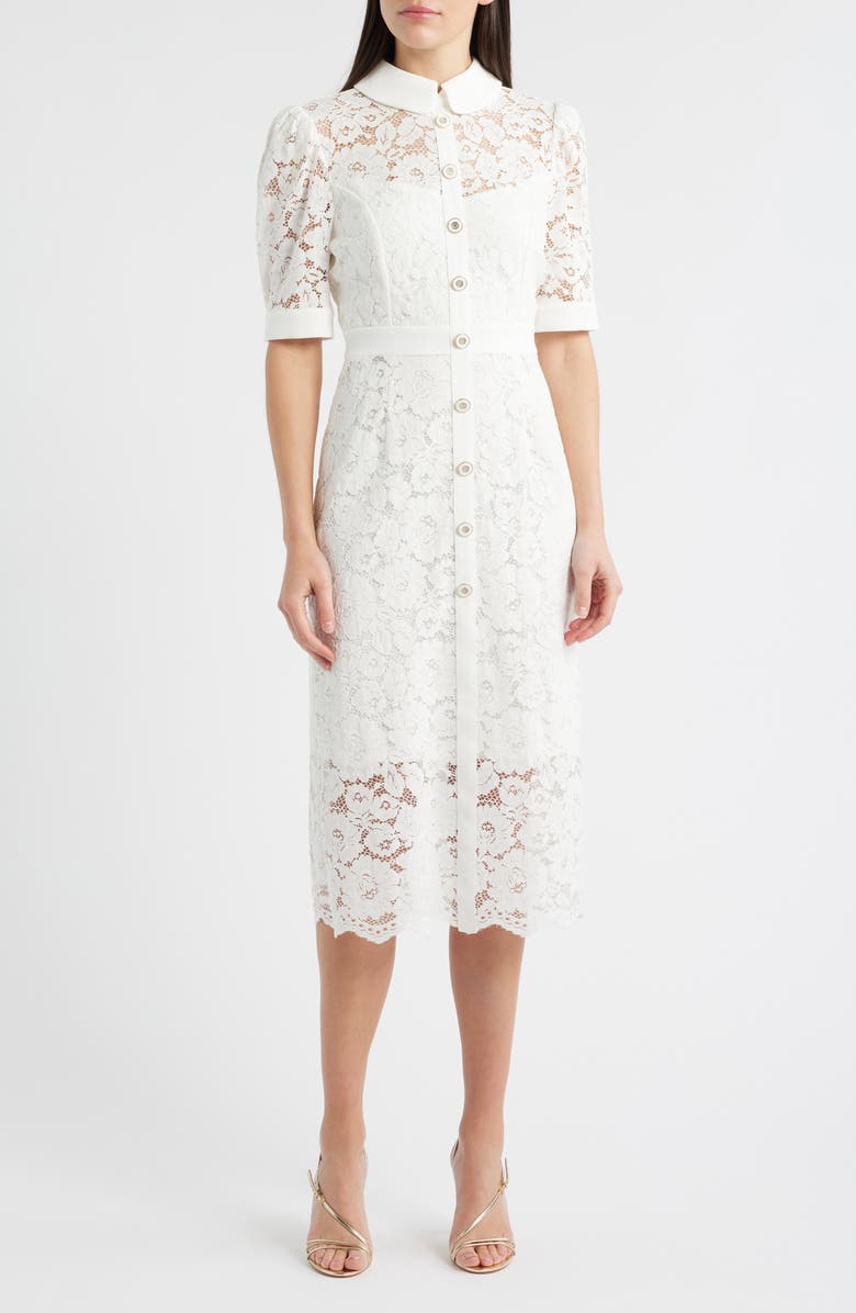 Tahari ASL Crepe & Lace Shirtdress, Main, color, Ivory