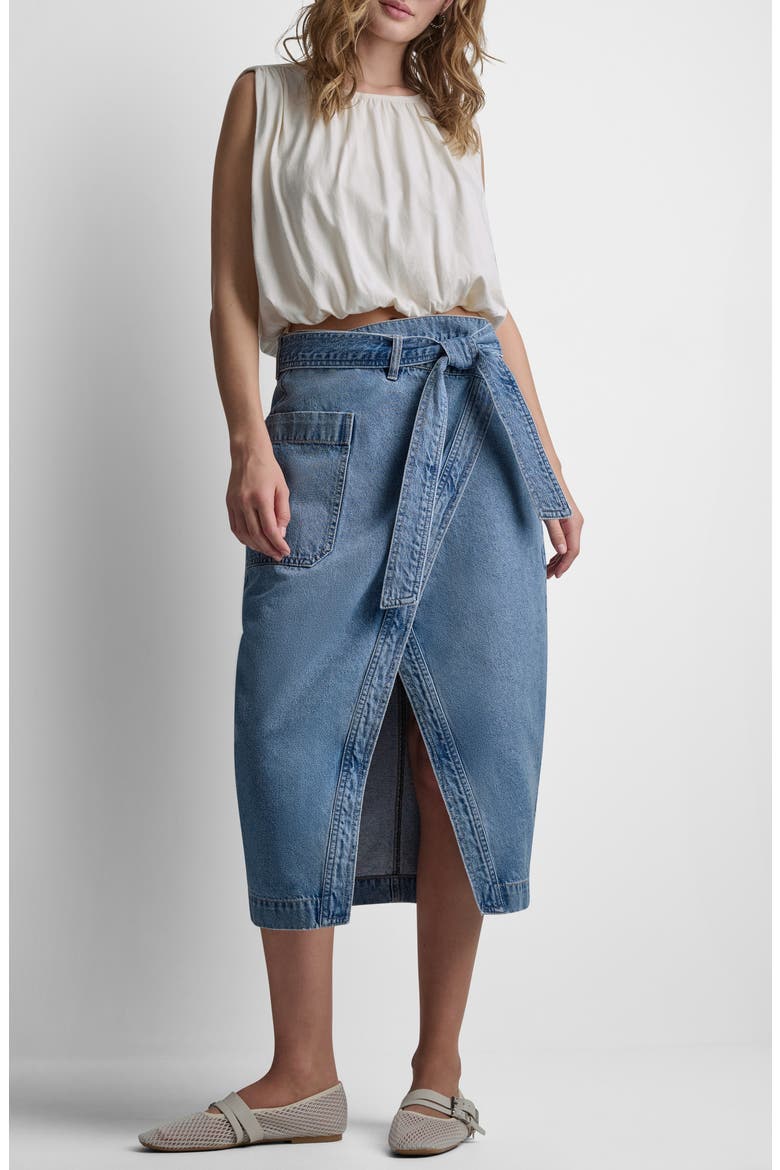High Waist Wrap Denim Midi Skirt, Alternate, color, CROWN STRE