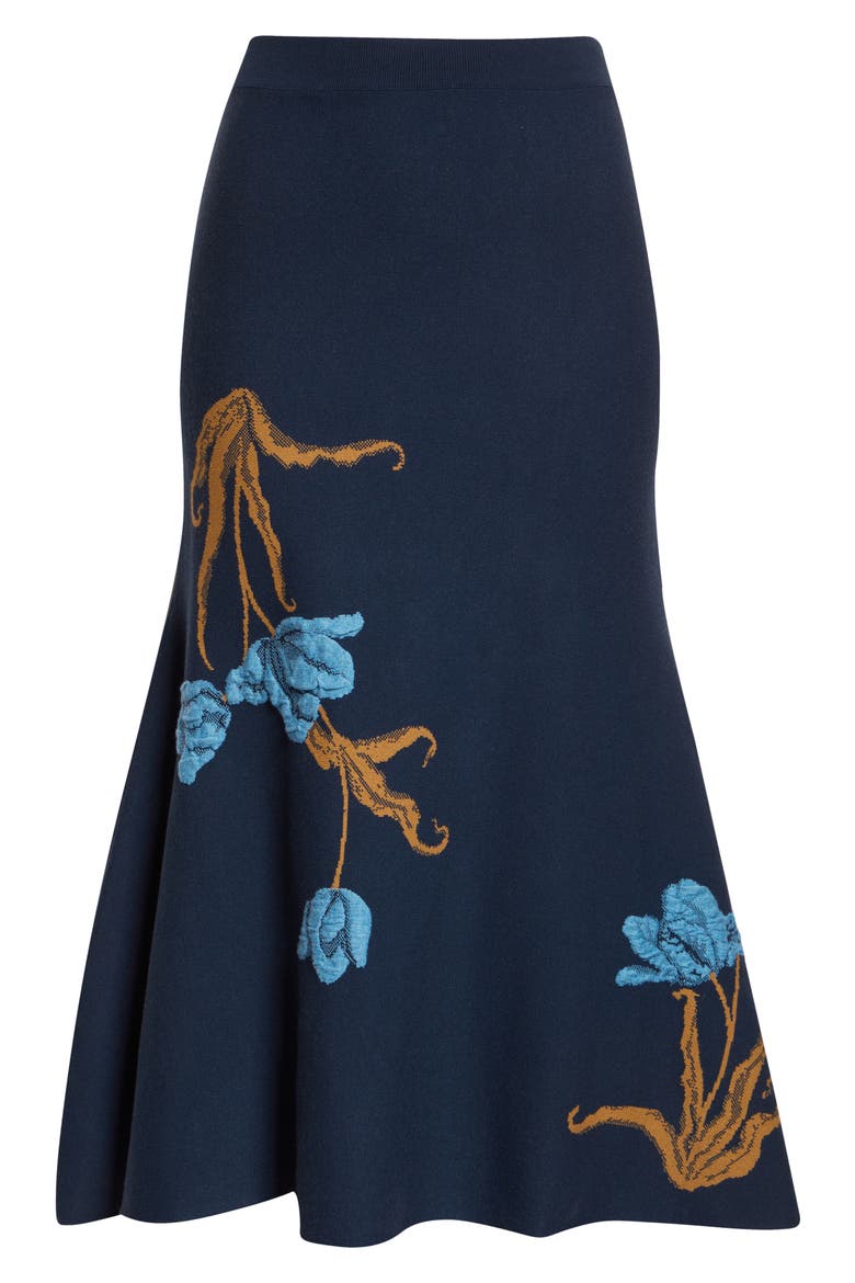 Floral Jacquard Trumpet Midi Skirt, Alternate, color, NAVY