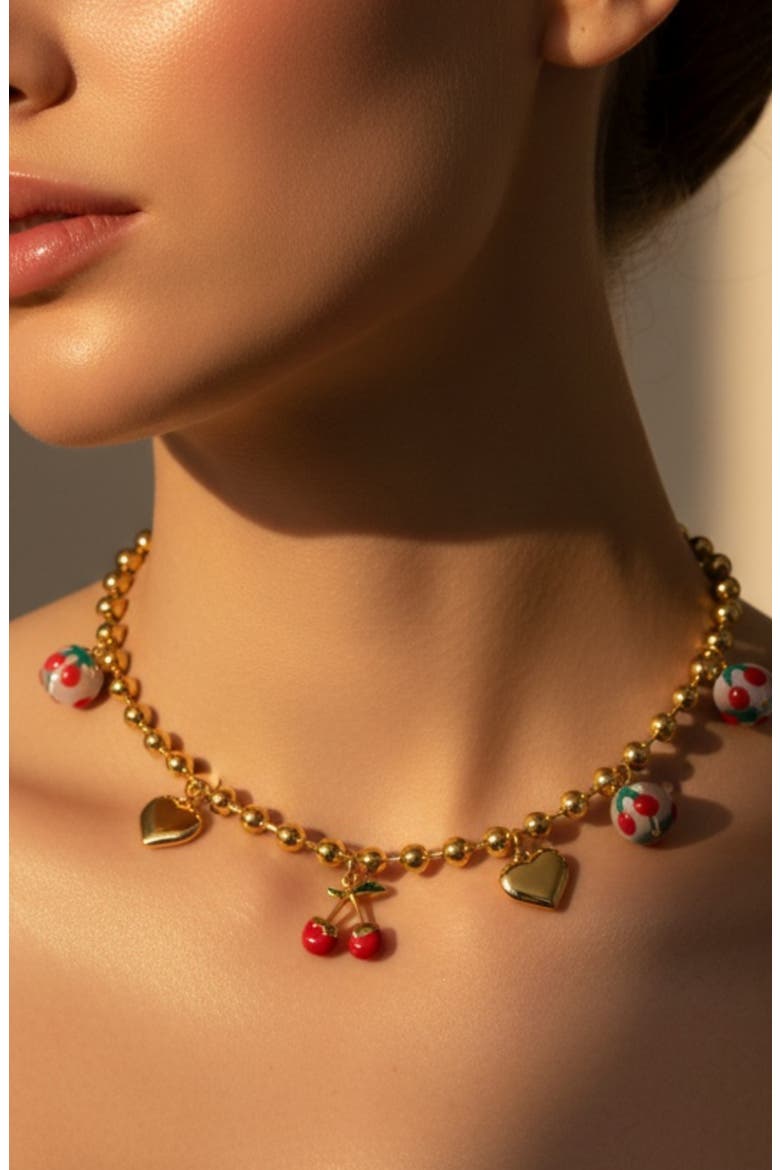 Cherries & Heart Charm Necklace, Alternate, color, GOLD