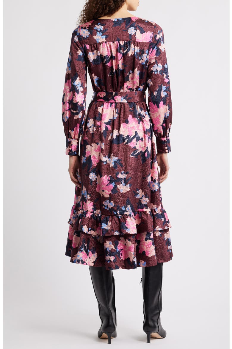 Ruffle Tie Waist Long Sleeve Midi Dress, Alternate, color, BURGUNDY- BLUE GEORGIA BLOOMS