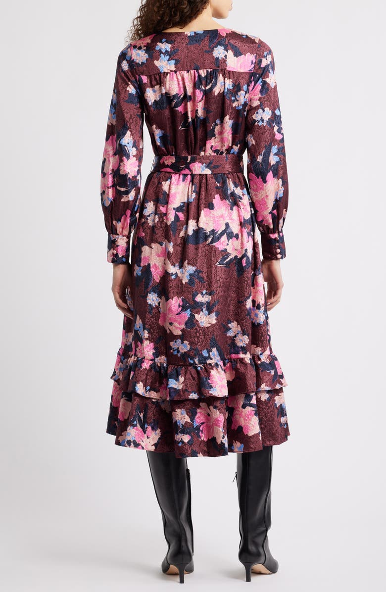 Caslon<sup>®</sup> Ruffle Tie Waist Long Sleeve Midi Dress, Alternate, color, Burgundy- Blue Georgia Blooms
