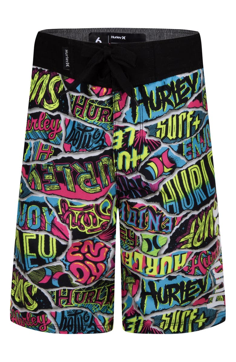 Hurley Kids' Ripped Sticker Swim Trunks, Main, color, 