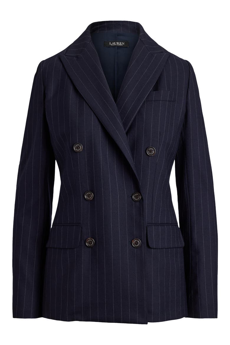 Pinstripe Double-Breasted Twill Blazer, Alternate, color, NAVY BLUE/ WHITE