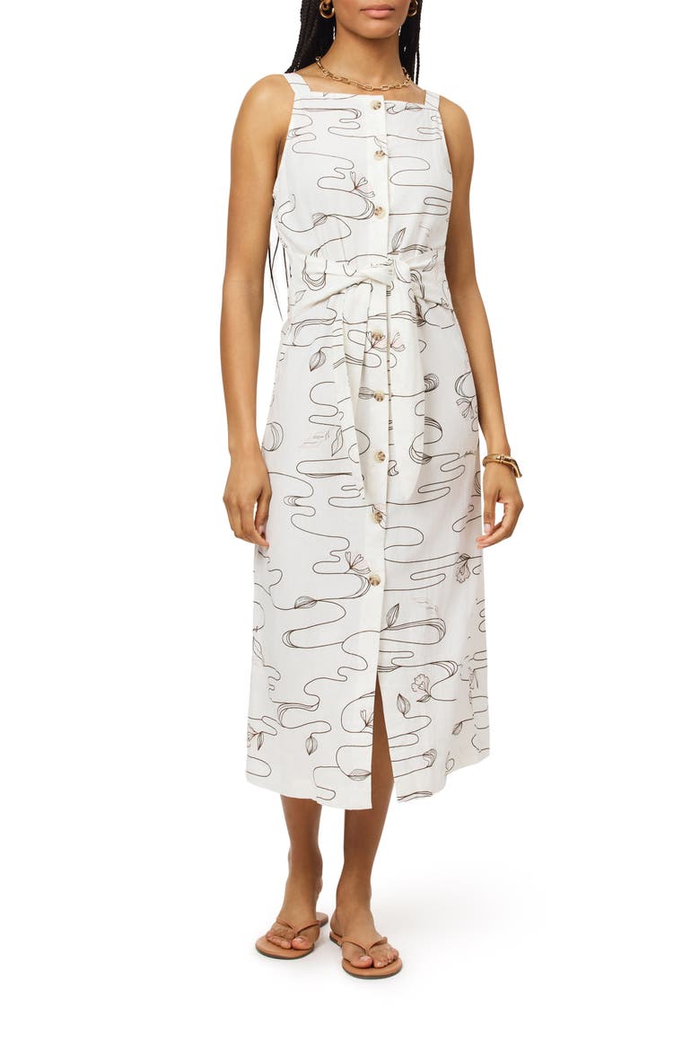 Sleeveless Button Front Linen Blend Midi Dress, Main, color, WAVY FLORAL
